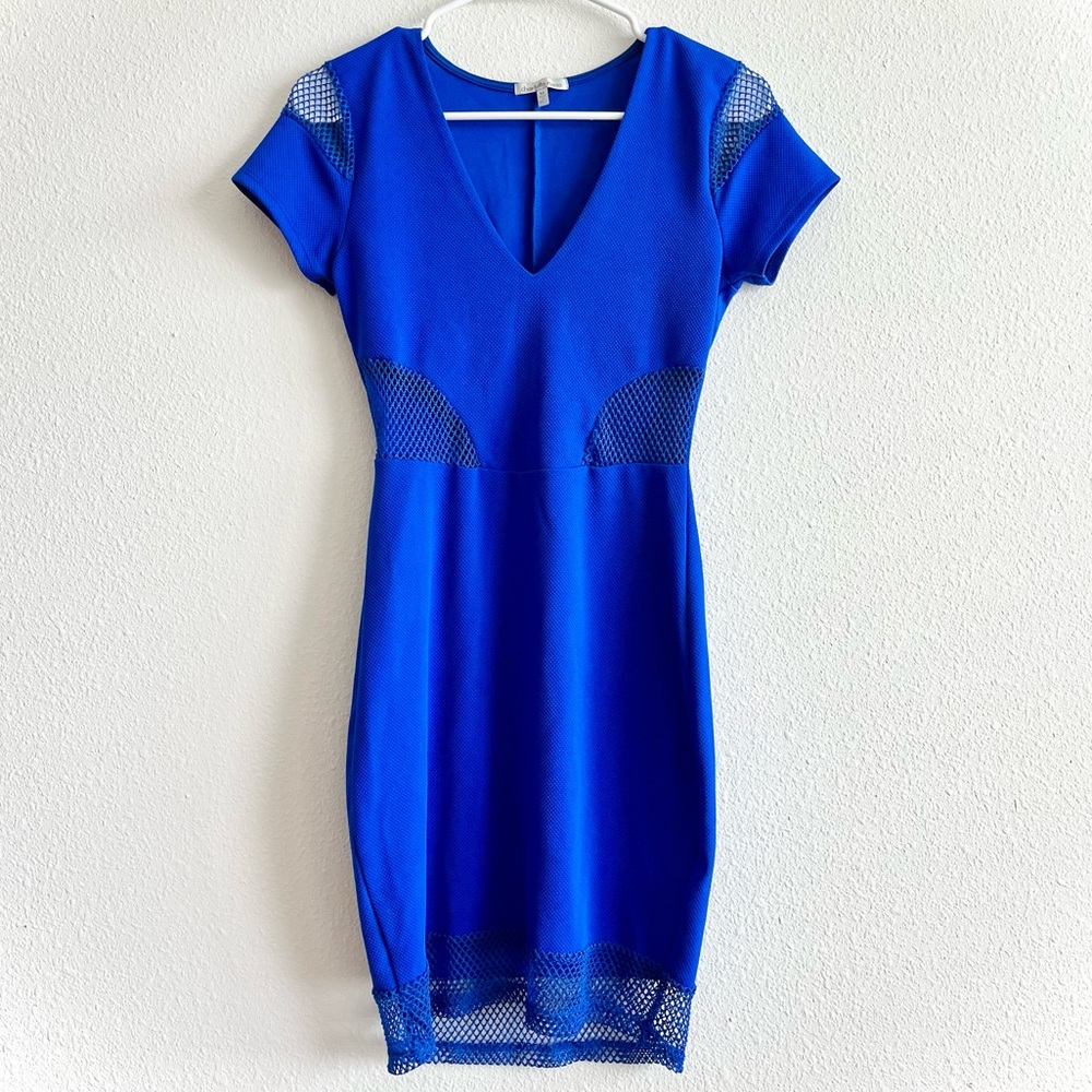 Charlotte Russe Royal Blue V Neck Mesh Cut Out Bodycon Mini Dress Size Medium
